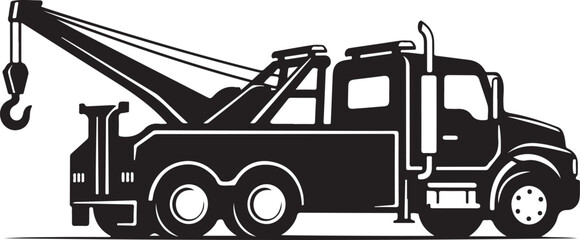 Heavy duty tow truck with crane and hook side view silhouette