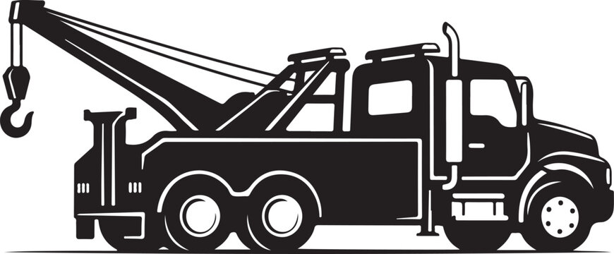 Heavy duty tow truck with crane and hook side view silhouette