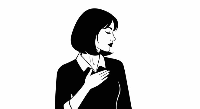 Woman with hand on chest expressing gratitude or sincerity.