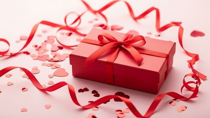 Elegant gift box with red ribbon and heart confetti, perfect for romantic gestures and Valentine's Day celebrations or adding a loving touch to any project