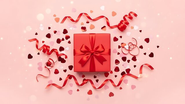 Elegant red gift box with bow and confetti heart decorations, ideal for Valentine's Day, anniversaries, or romantic celebrations of love and affection