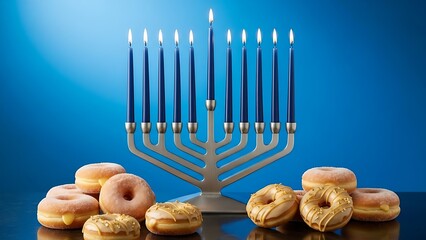 Celebrate Hanukkah with Delicious Donuts and a Beautiful Menorah, Perfect for Holiday Greetings and Festive Gatherings, Symbolizing Light and Joy