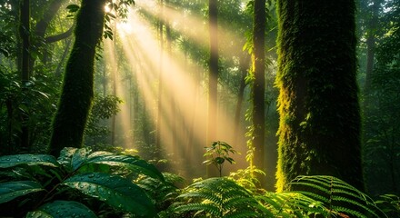 Sunbeams piercing through lush green canopy of a vibrant, ancient rainforest, illuminating the undergrowth