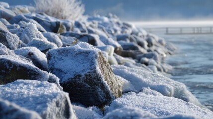 Close up of frost covered rocks on a cold winter day by the water snow