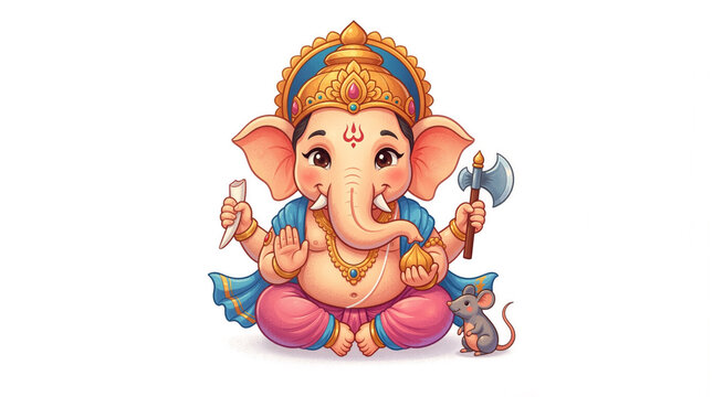 Cute Cartoon Lord Ganesha Illustration with Mouse on White Background