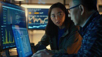 Stockbrokers closely monitoring financial data on computer screens. - Powered by Adobe