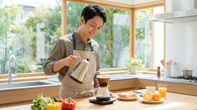Young Asian man making pour-over coffee in a bright modern kitchen enjoying a relaxing morning routine preparing breakfast