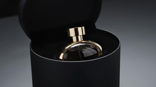 Man revealing a luxurious golden perfume bottle from a dark round box, showcasing elegance and fragrance product packaging