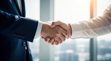 A professional business handshake signifying agreement, partnership, and successful collaboration between two individuals in a modern office environment, capturing a moment of mutual trust