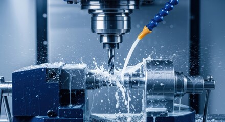 Precision metalworking in action as an industrial CNC milling machine drills into a metal component cooled by lubricating fluid