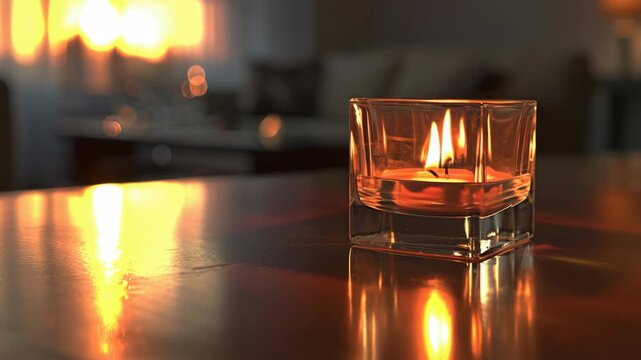A candle with a warm, yellow-orange glow is lit and placed on a wooden surface. The ambient light creates a cozy atmosphere.