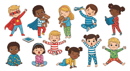 Diverse children in pajamas vector illustration set, cute kids bedtime and pajama party