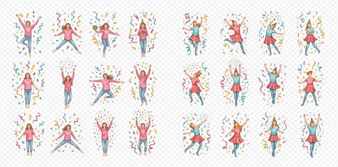 Collection of happy women and girls celebrating with confetti and streamers in various joyful poses.