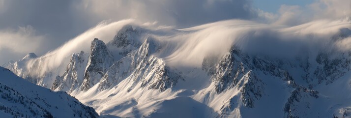 Snow covered mountain peaks with dramatic clouds and wind swept snow winter summit