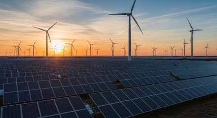 Solar panels and wind turbines create a sustainable energy landscape at sunset with a beautiful sky