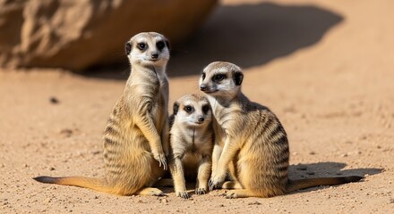 Family of Meerkats Standing Together in the Desert Sand with Sunny Day.