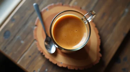 Fototapete Kaffee Bar Warm coffee cup on rustic wood table closeup  © Sohan