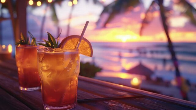 Two tropical drinks on a wooden table at sunset with the ocean in the background and tiki torches providing ambient lighting.