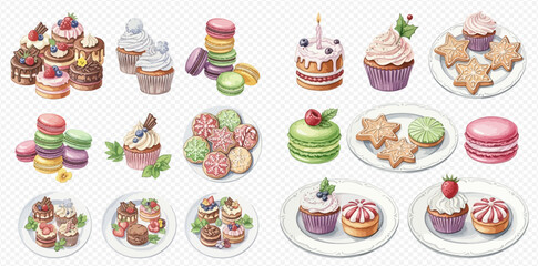 A delightful watercolor illustration set showcasing an assortment of sweet desserts, including colorful macarons, frosted cupcakes, decorated cookies, and small cakes.