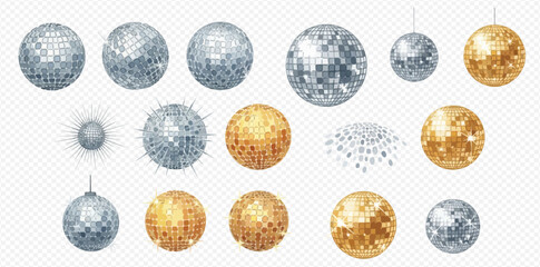 Realistic set of silver and golden disco balls with reflective facets and sparkling light effects, isolated on a transparent background, perfect for party and celebration designs.