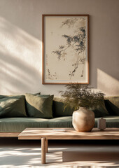 Living Room Decor with Asian Art and Minimalist Wooden Furniture