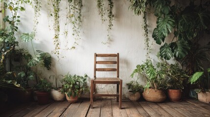 Wooden chair positioned in the corner of a room surrounded by lush green plants and natural light, creating a serene and inviting atmosphere for relaxation and contemplation