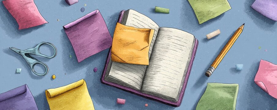 Colorful stationery items arranged with an open notebook and pencil