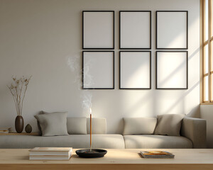 Incense Burning in Minimalist Living Room with Blank Picture Frames