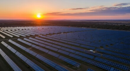 Aerial view of a vast solar panel farm at sunset generating clean renewable energy