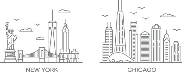 New York and Chicago City Skyline Line Art, USA Urban Landscape Landmark Architecture Symbols, Minimalist Travel Vector Graphic Set © Majnur
