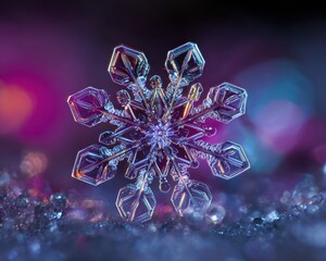 Extreme Close Up Macro Photograph of a Single Intricate Snowflake crystal winter
