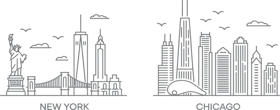 New York and Chicago City Skyline Line Art, USA Urban Landscape Landmark Architecture Symbols, Minimalist Travel Vector Graphic Set
