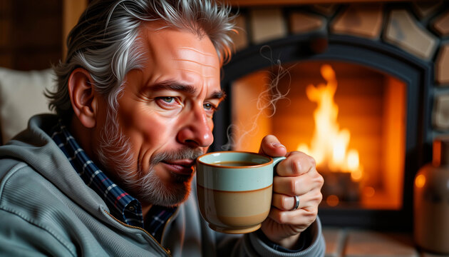 Mature man sipping tea by roaring fireplace in cozy cabin, relaxation