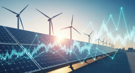 Solar panels and wind turbines generating clean energy with financial growth chart overlayed