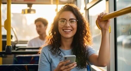 Cheerful Woman Rides City Bus, Smiling and Texting on Her Phone During Sunny Commute