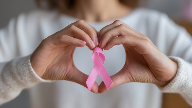 Hands forming a heart shape with a pink ribbon symbolizing support for breast cancer awareness, conveying love and hope in a soft, inviting atmosphere