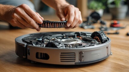 Close up of hands repairing a robot vacuum cleaner, showcasing intricate components and tools, emphasizing the technical process of maintenance and care for household devices