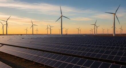 Solar panels and wind turbines generating clean energy at sunset in a sustainable landscape