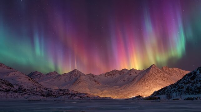 Vibrant aurora borealis dances over snow covered mountains and frozen lake northern lights