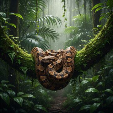 Large python snake coiled on a mossy tree branch in lush tropical rainforest with sunlight beams. Wild reptile resting in mysterious green jungle nature background.