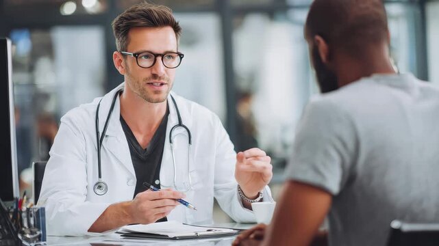 Doctor consulting with patient in modern clinic discussing health issues and treatment options during an afternoon appointment