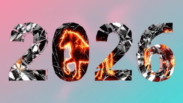 2026 number with fire horse animation and reflective broken glass effect for new year celebration footage