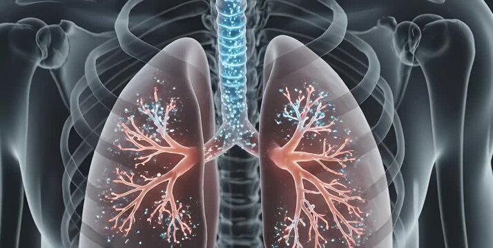Human lungs illustration with visible bronchi and rib cage.