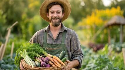 Happy young farmer proudly holding a basket of fresh vegetables in a vibrant garden during the golden hour of late afternoon