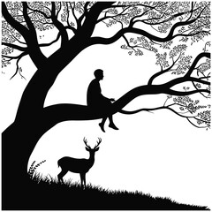 Silhouette of a person sitting in a tree with a deer below