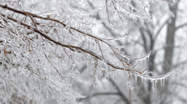 Close up of tree branches covered in thick ice after a winter storm frozen - Powered by Adobe