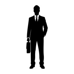 Silhouette of a businessman in a suit holding a briefcase standing still