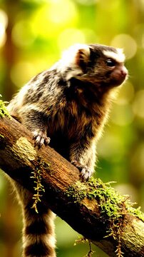 Young Monkey Sitting on a Mossy Branch in a Forest