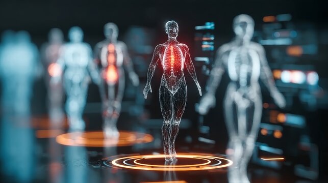 Futuristic medical interface highlighting personalized medicine and digital diagnostics with figures - Powered by Adobe