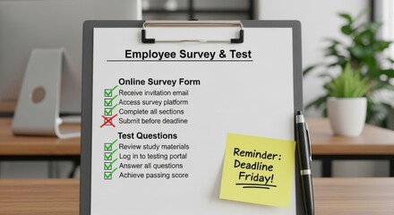 Employee survey and test checklist on a clipboard with deadline reminder note in a modern office environment